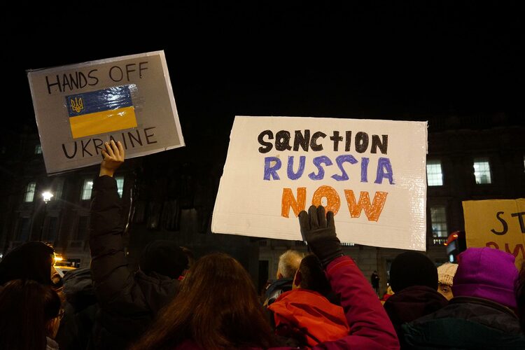 People in London protesting against Russia’s full-scale invasion of Ukraine